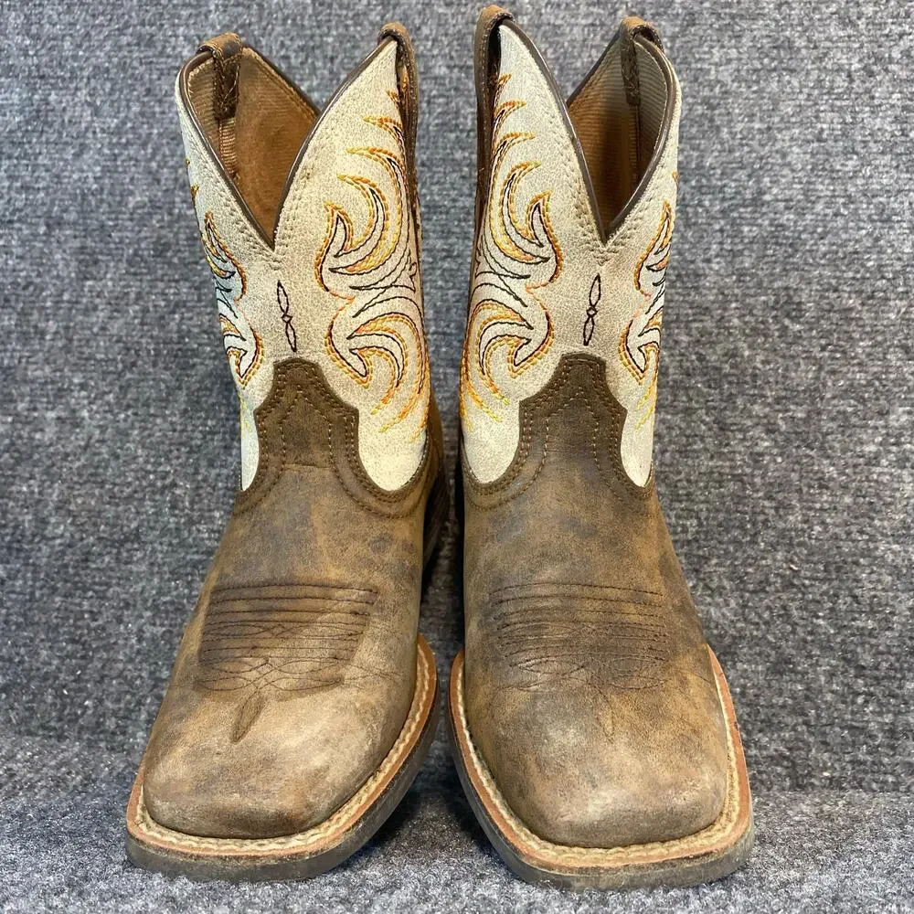 Ariat Youth Western Cowboy Boots Brown Leather Square Toe Big Kids Shoes Size 1